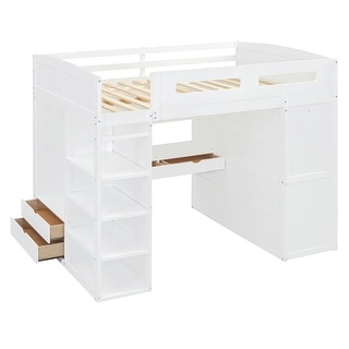 Full Loft Bed with Desk & Wardrobes, Wood Loft Bed w/4 Drawers & 4 Shelves for Kids Teens Boys Girls, No Box Spring Needed,White