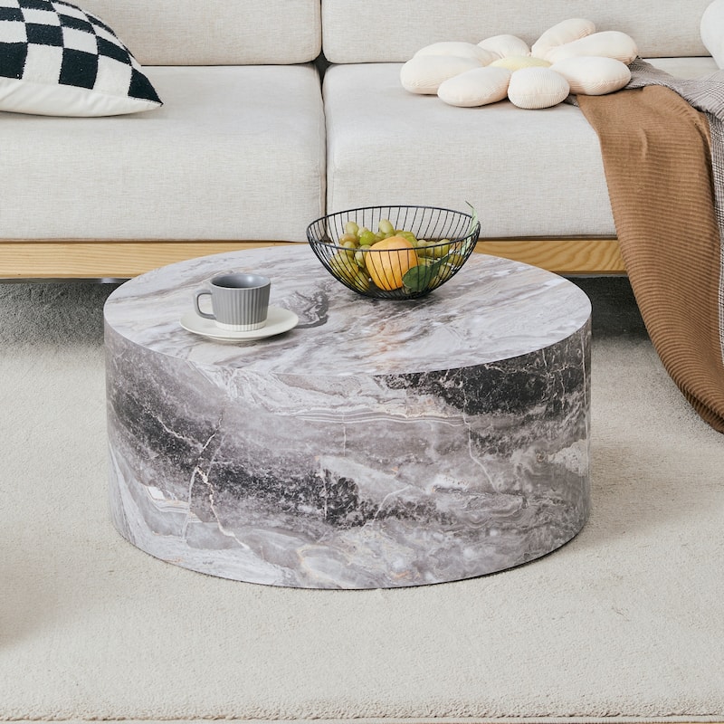 Round Sofa Table with Natural Marble Textured, Cylindrical Coffee Table Accent Table for Living Room