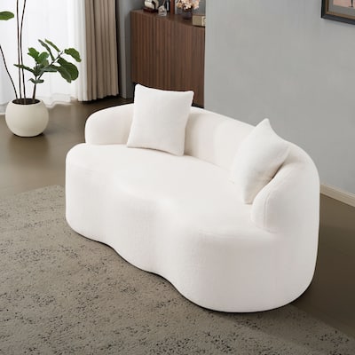 White Curved Loveseat Sofa With Round Armrest, Compression Couch With 2 Pillows,Cream Couch