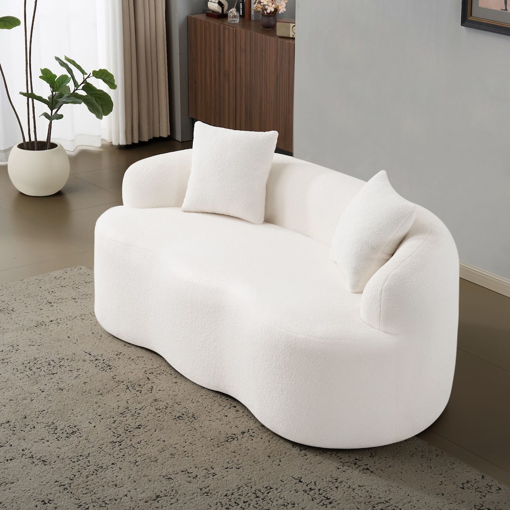White Curved Loveseat Sofa with Round Armrest, Compression Couch with 2 Pillows, Cream Couch for Small Space