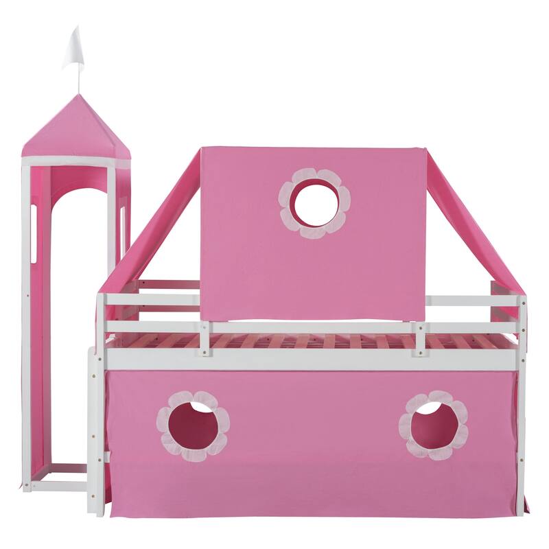 Cute Solid Wood House Loft Bed with Slide, Tent, and Tower for Kids