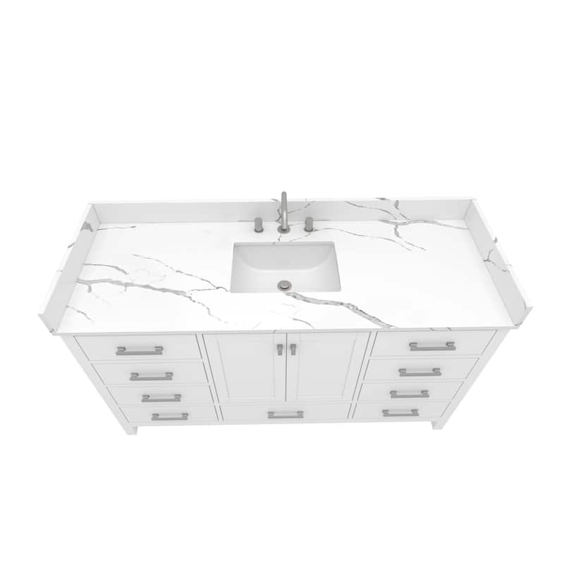 Nephelily 60 inch Transitional White Bathroom Vanity, Single Sink - Quartz Top Calacatta River