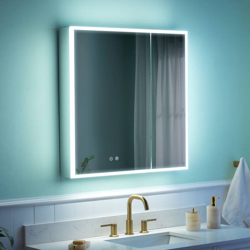 30'' H Recessed or Surface Frameless LED Mirror Cabinet With Defogger, Dimmer, Outlets & USB Ports 