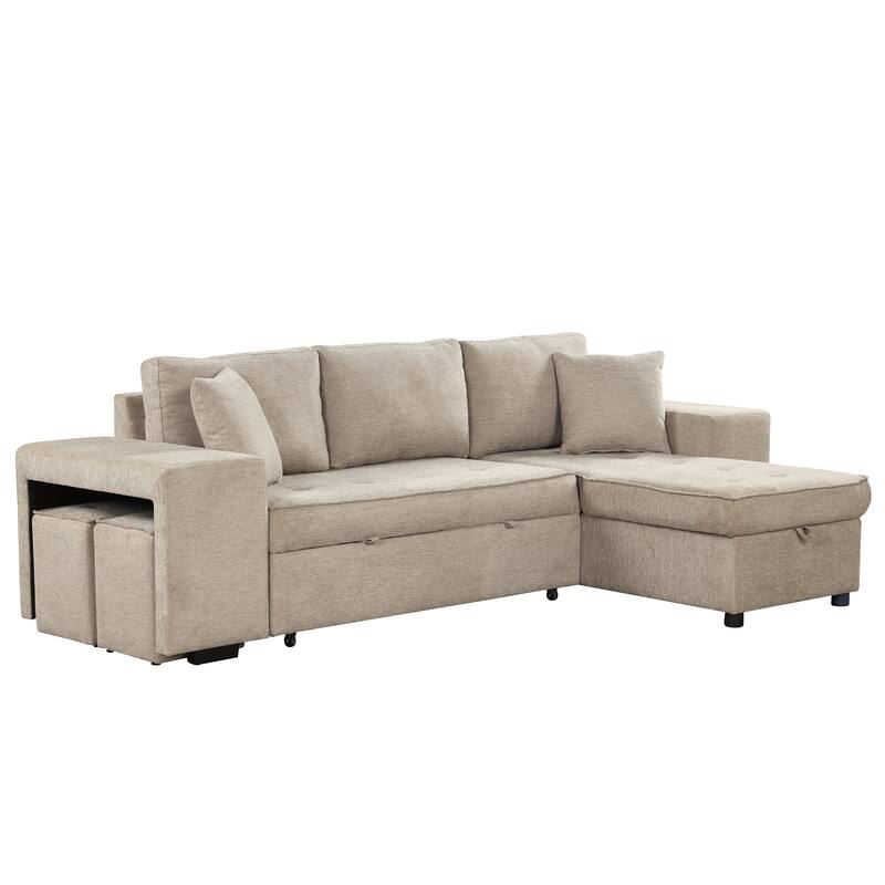 Convertible Sleeper Sectional Sofa, Reversible Sofa with Pull-Out Bed, Storage Chaise & 2 Stools, Linen Upholstered 4 Seat Sofa