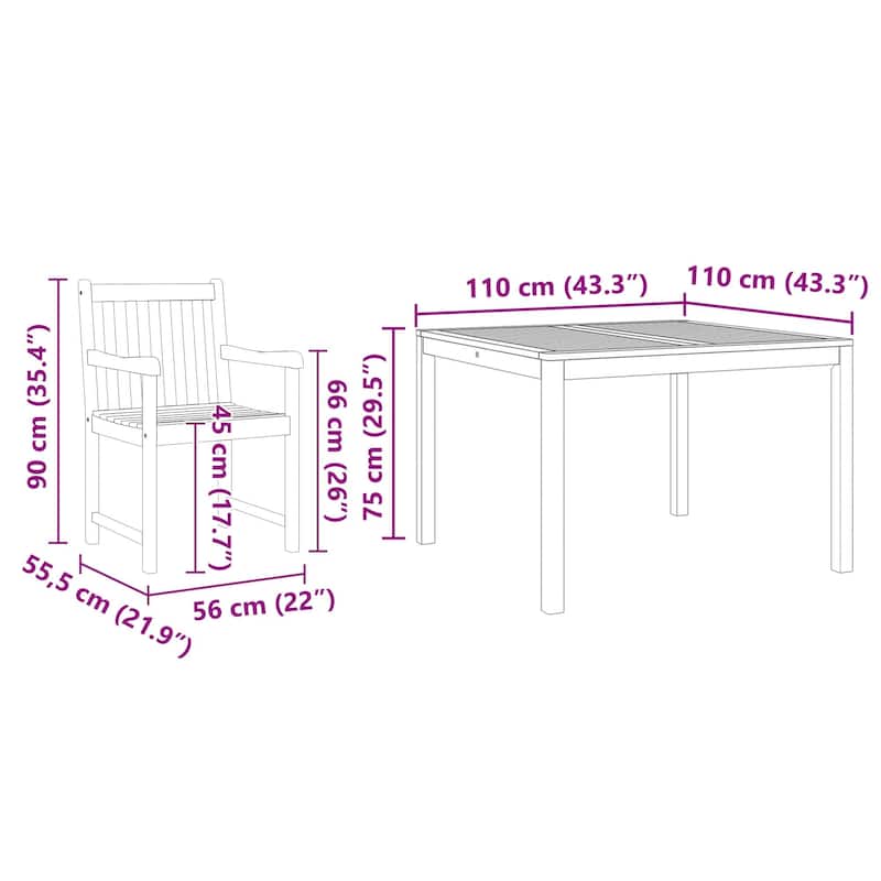 vidaXL Dining Set Set of 3/5 Solid Acacia wood - 43.3 x 43.3 x 29.5