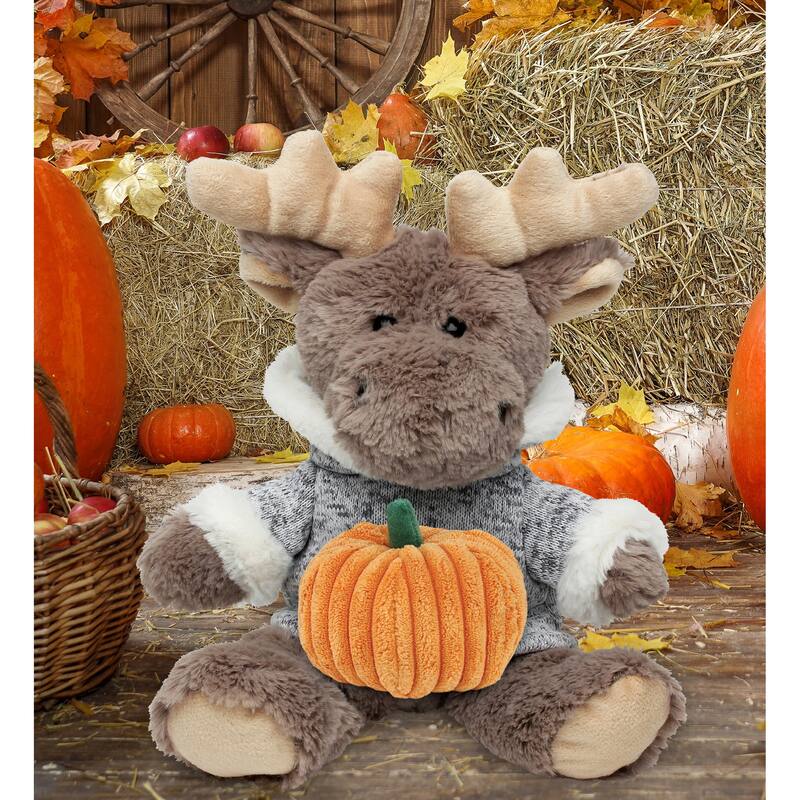 DolliBu Sitting Moose with Sweater Stuffed Animal with Pumpkin Decor - 8 inches
