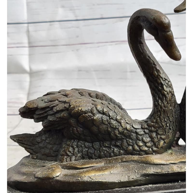 Pair Of Swans Romantic Love Bronze Sculpture Statue Figure Decor On Marble Base Signed Milo