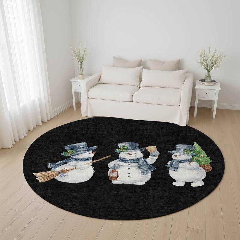 Premium Washable Super Soft Winter Holiday Snowman Mayfield Rug - Black - 8' x 8'