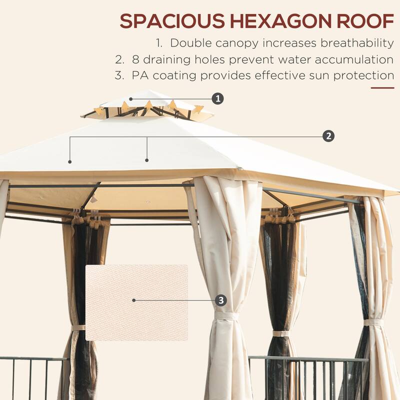 13' x 13' Hexagon Patio Gazebo with Double Roof, Netting & Curtains, Steel Frame for Outdoor Use