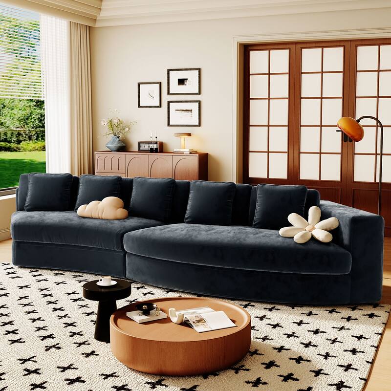 Modular Sectional Sofa, 2-Piece Set with 5 Pillows Chenille Jacquard Curved Couch, Upholstered Couches No Assembly Required