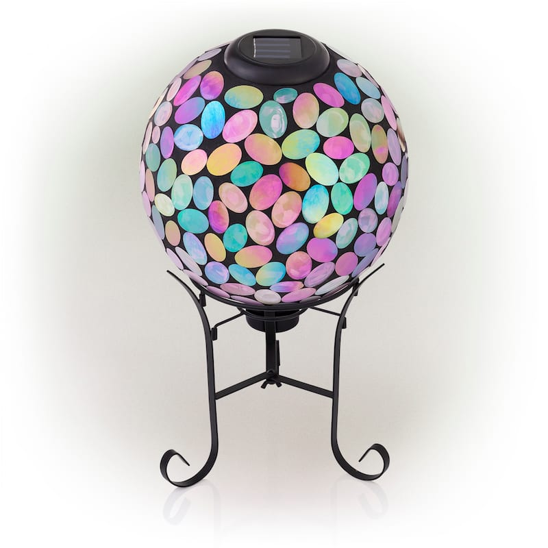 Alpine Corporation Outdoor Solar Powered Pink Glass Mosaic Gazing Globe with LED Lights and Metal Stand, Violet