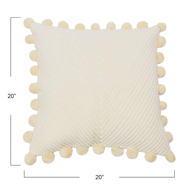 20" Square Quilted Cotton Pillow Cover with Pom Pom Trim
