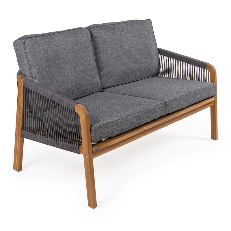 Gable Modern Bohemian Roped Acacia Wood Outdoor Loveseat with Cushions, by JONATHAN Y