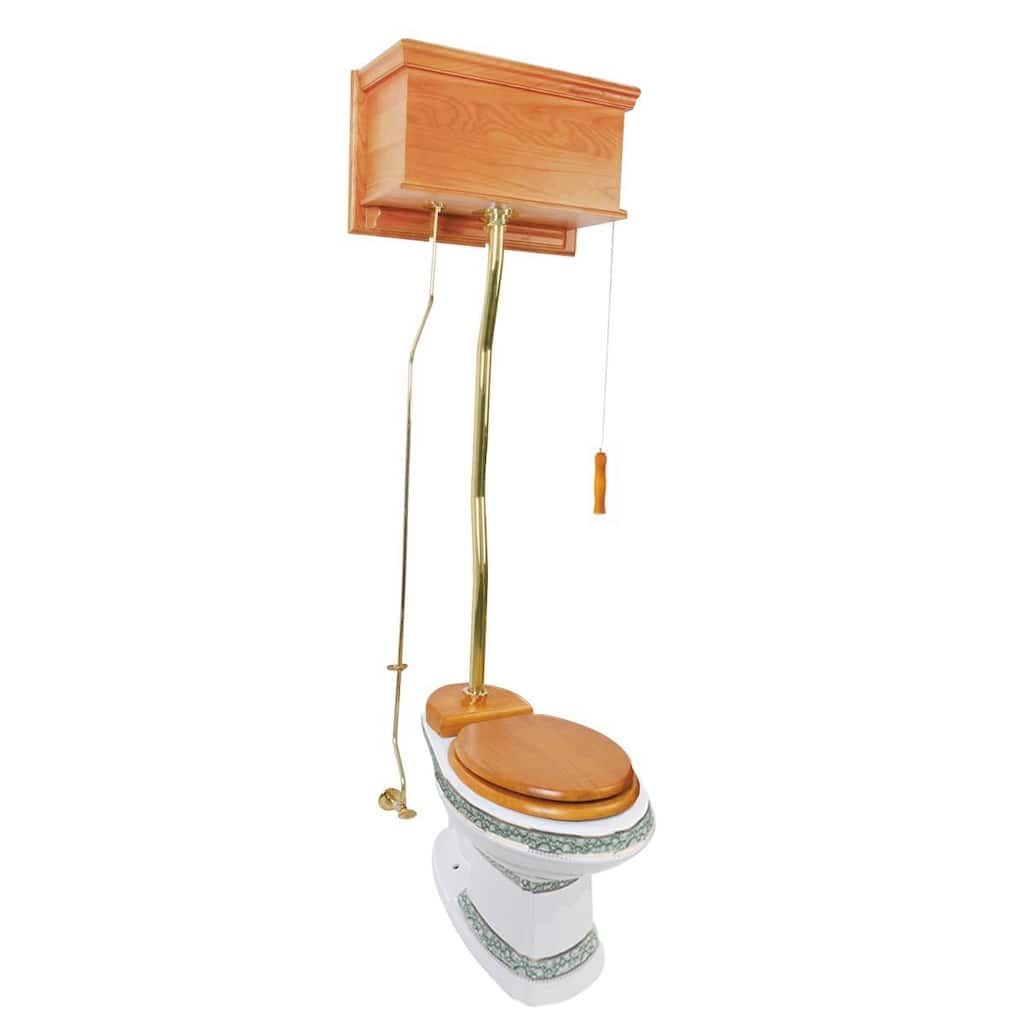 Light Oak Wooden High Tank Toilet Flat Tank 59" to 74" Brass Z Pipe and Elongated White Bowl