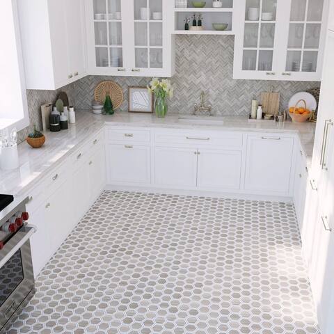 Apollo Tile 5 Pack White and Beige 11.7-in x 13.5-in Wooden Hexagon Polished Marble Floor and Wall Mosaic Tile (5.48 Sq ft/case)