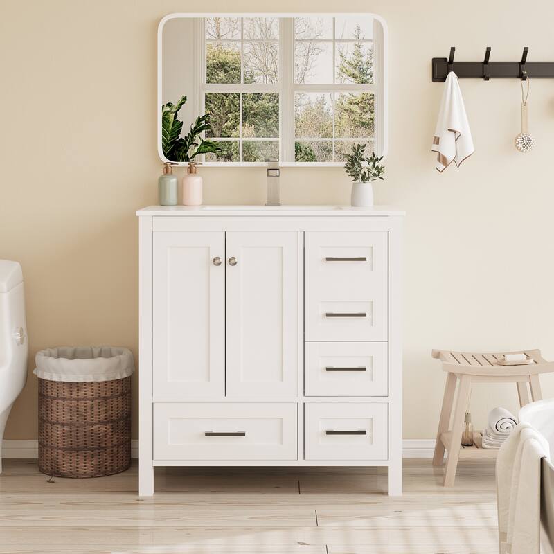 EROMMY All-in-One Bathroom Vanity with Ceramic Sink, Soft-Close Storage Cabinet & Drawer, Glossy Countertop, White
