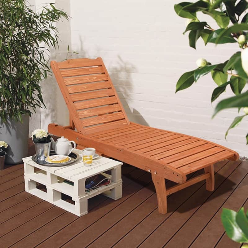 Patio Rolling Wooden Chaise Lounge withe Cup Holder