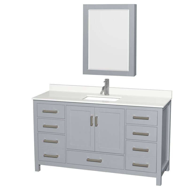 Sheffield 60-inch Single Vanity, Single Hole Quartz Top, Med Cabinet - Gray, Chrome Trim, White Quartz Top