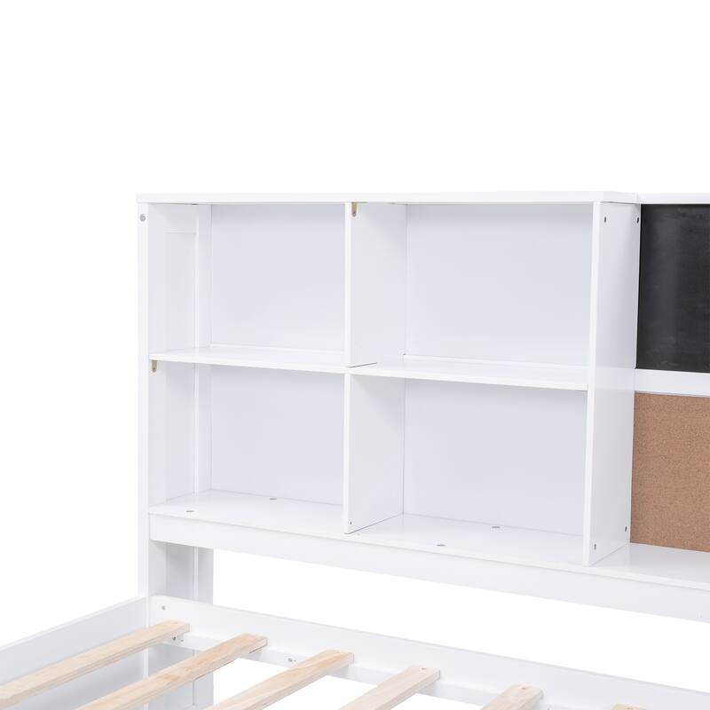 Full Size Wood Daybed with Storage Shelves, Blackboard, Cork Board, USB Charging Ports, and Trundle