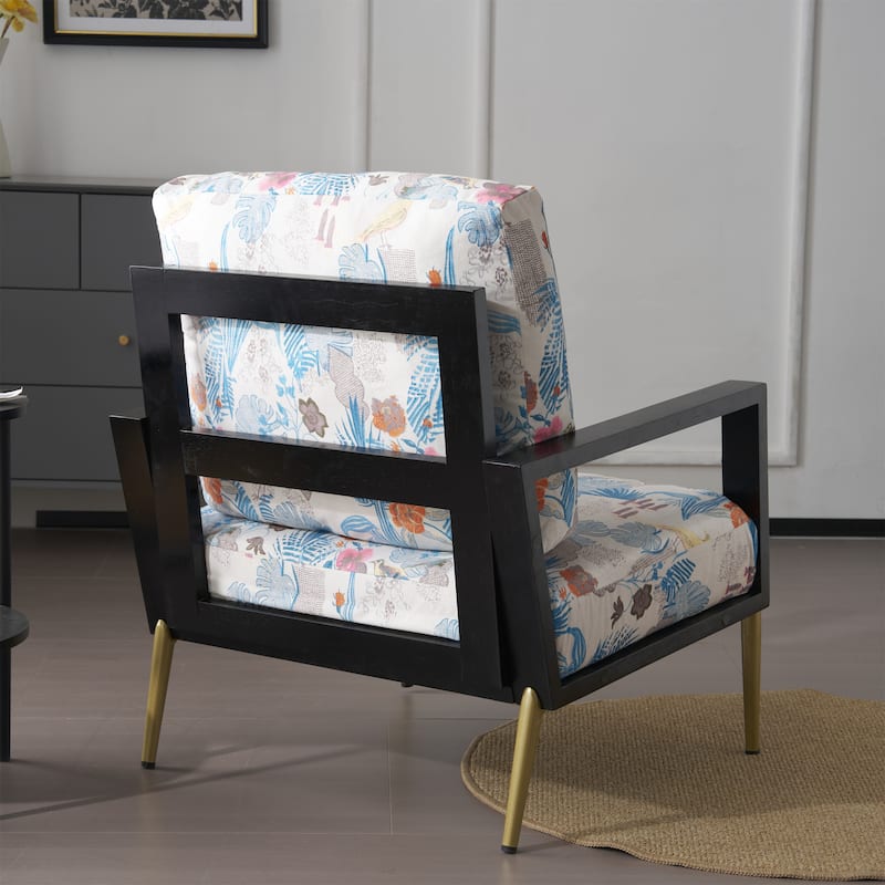 Floral Print Velvet Accent Armchair with Metal Legs and Rubberwood Frame, Wide Armrest Sofa Chair with Pillow Back Lounge Chair