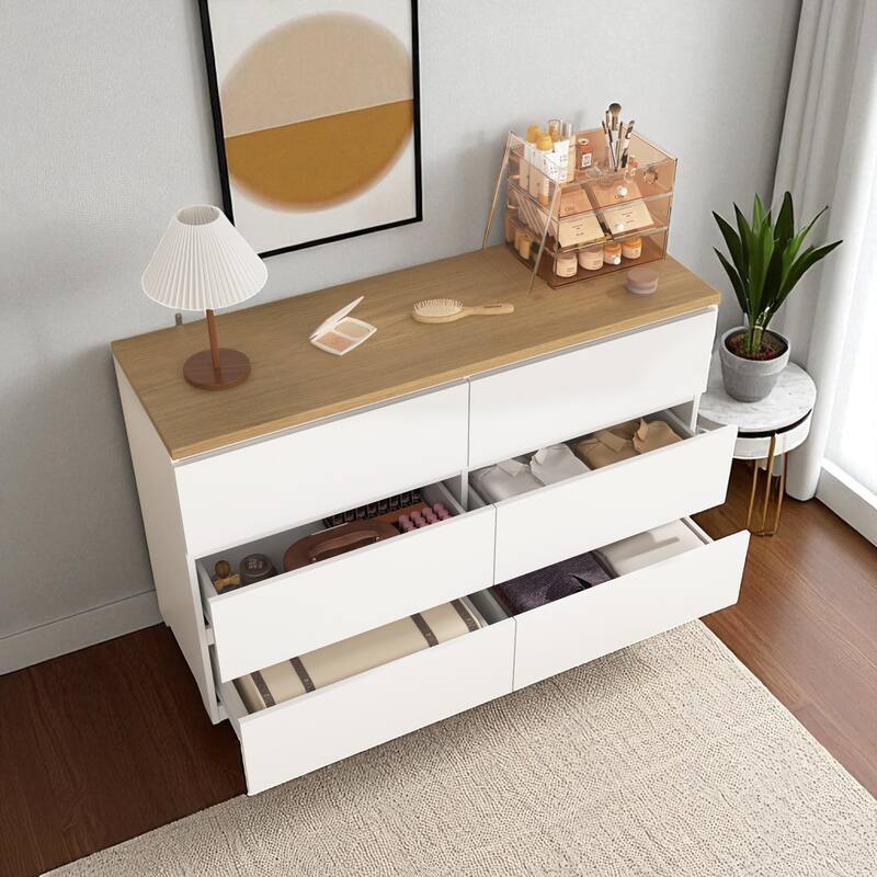 6 Drawer Dresser, Wide Chest of Drawers, Modern Wood Storage Cabinet Clothes Organizer for Bedroom and Entryway