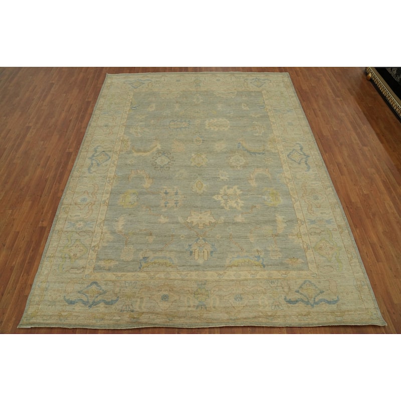 Handmade Gray Oushak Vegetable Dye Area Rug, Floral Geometric Carpet - 11' 9'' X 9' 2''
