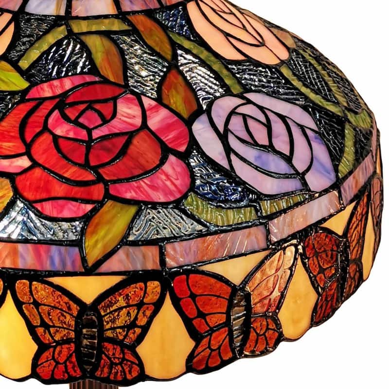 Dark Brown Metal Table Lamp with Multi Stained Glass Shade Pull Chains - 12” x 21” x 23” (D x W x H)