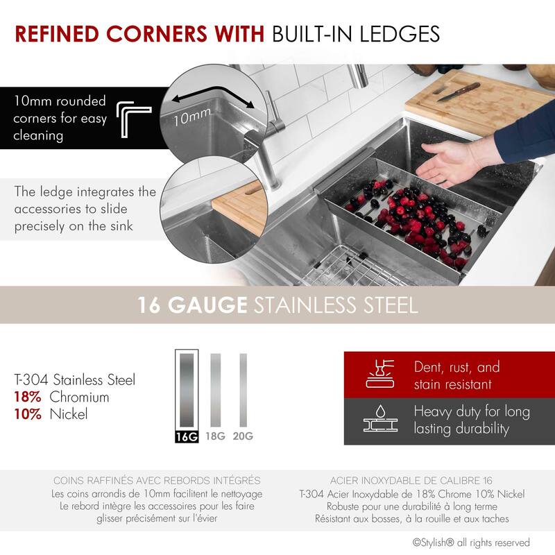 Stylish Versa36 Undermount 36" Double-Bowl Workstation Kitchen Sink - 36"x19"x10"
