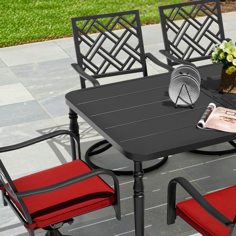 7PCS Metal Patio Dining Set with Umbrella Hole, Swivel Chairs with Cushions