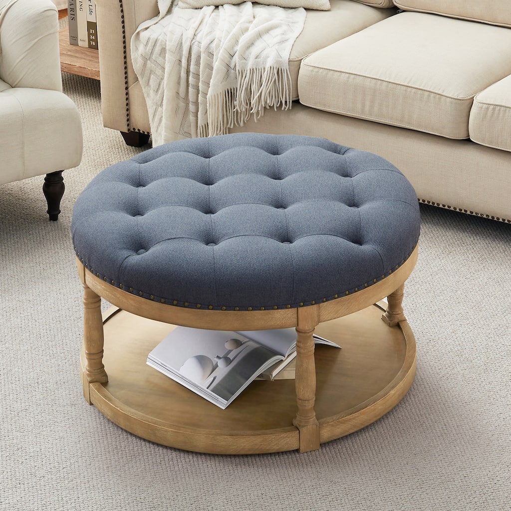 HUIMO 33in Round Upholstered Solid Wood Ottoman Coffee Table with Storage Shelf