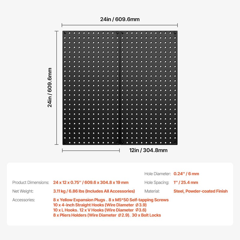 Black Steel Pegboard Panel, Rustproof for Garage Tool Storage