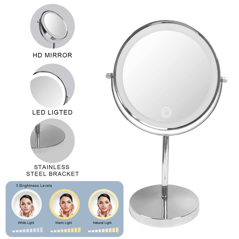 8 in. Round Dimmable Cosmetic Tabletop Vanity Mirror with Lights - Silver