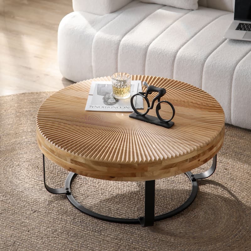 24" Round Coffee Table with Metal Legs, Modern Carving Pattern Wood Table, Center Table for Living Room, Reception Room