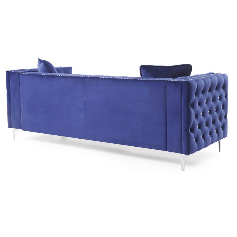 Tufted Faux Diamond Button Velvet 3-Seater Sofa with Throw Pillows - 86" - Blue