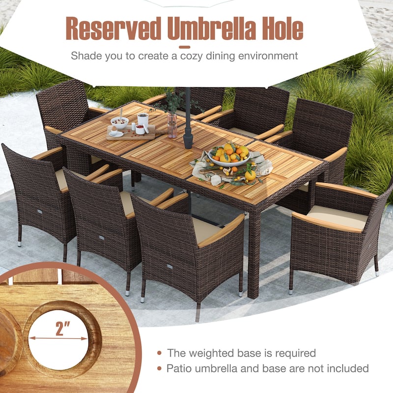 Gymax 9 Pieces Patio PE Wicker Dining Set Outdoor Acacia Wood Table &