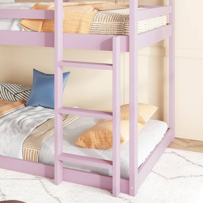 House-Shaped Twin Bunk Bed with Ladder and Guardrails, Pink