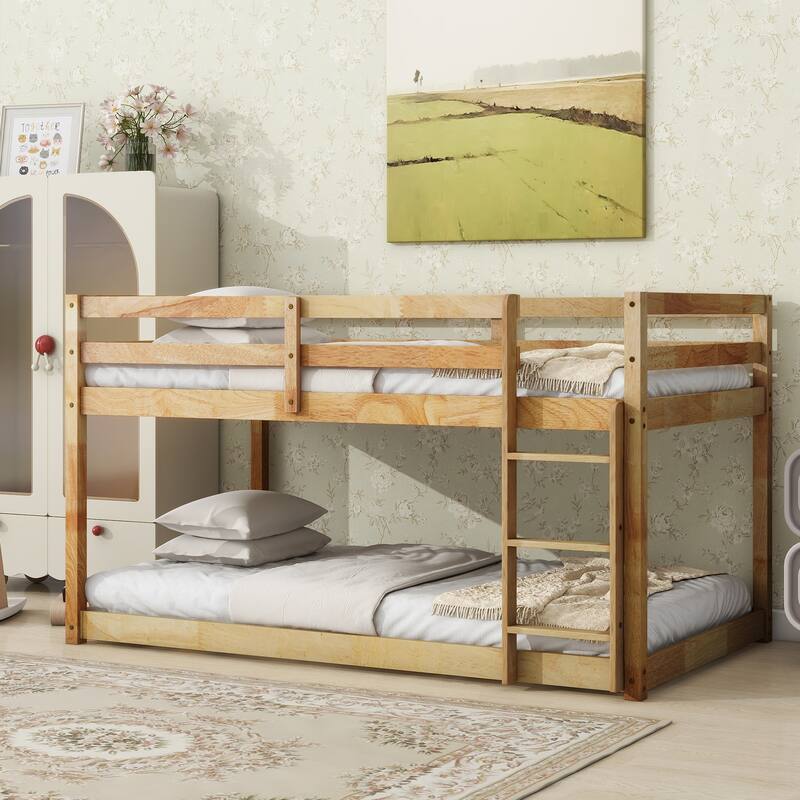 Twin over Twin Solid Rubber Wood Bunk Bed with Ladder and Strengthened Slats, Natural Finish