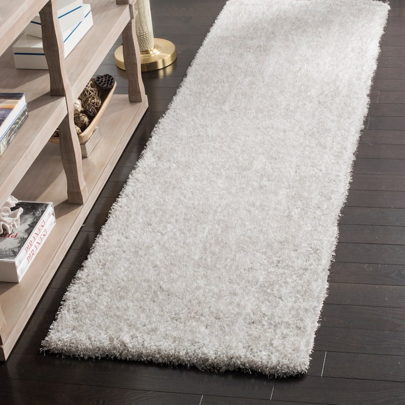 SAFAVIEH Handmade Toronto Shag Mikaela Polyester Rug - 2'3" x 8' Runner - Ivory/Light Grey