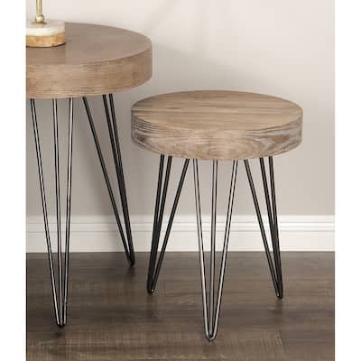 Brown Wooden Accent Table with Black Metal Hairpin Legs - 16 x 16 x 19Round