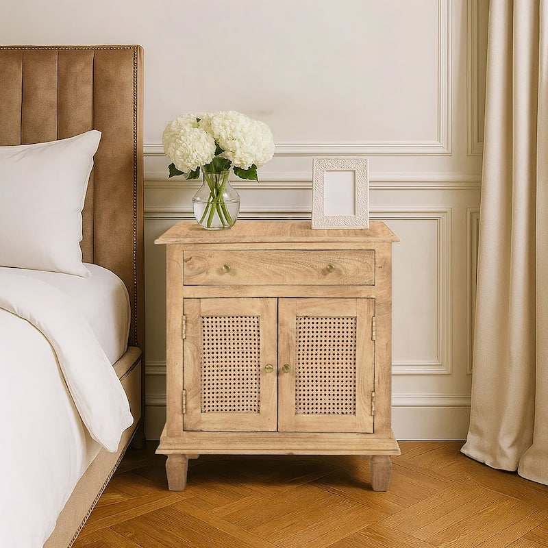 30 Inch Nightstand Table, Rattan Cabinet Doors and Drawer Fronts, Sandblasted Brown Mango Wood - Brown - 1-drawer