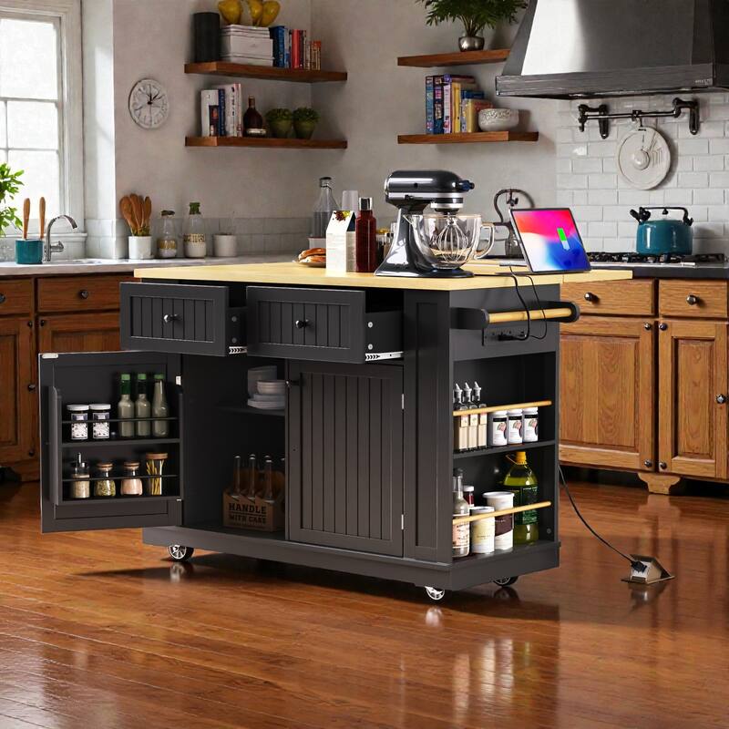 48" Kitchen Island with 2 Bar Stools, Power Outlet, Drop Leaf, Storage Cart on Wheels with Drawers