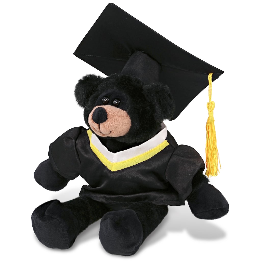 DolliBu Long Leg Black Bear Graduation Plush w/ Gown and Cap w/ Tassel - 10.5 inches