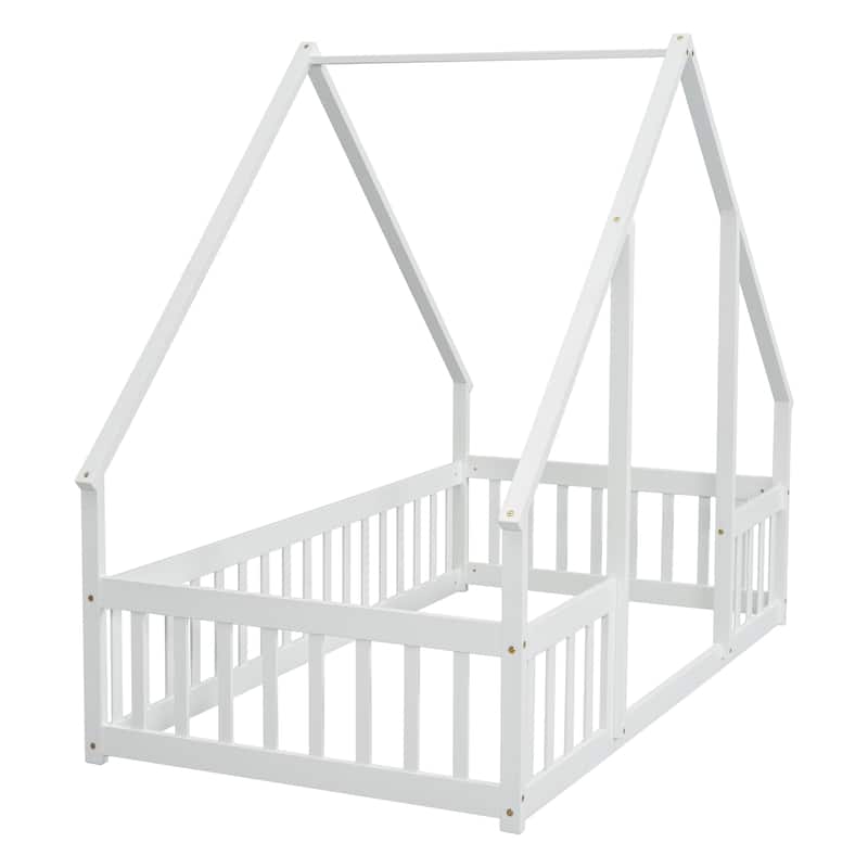 Twin Wood House-Shaped Floor Bed with Fence, Guardrails