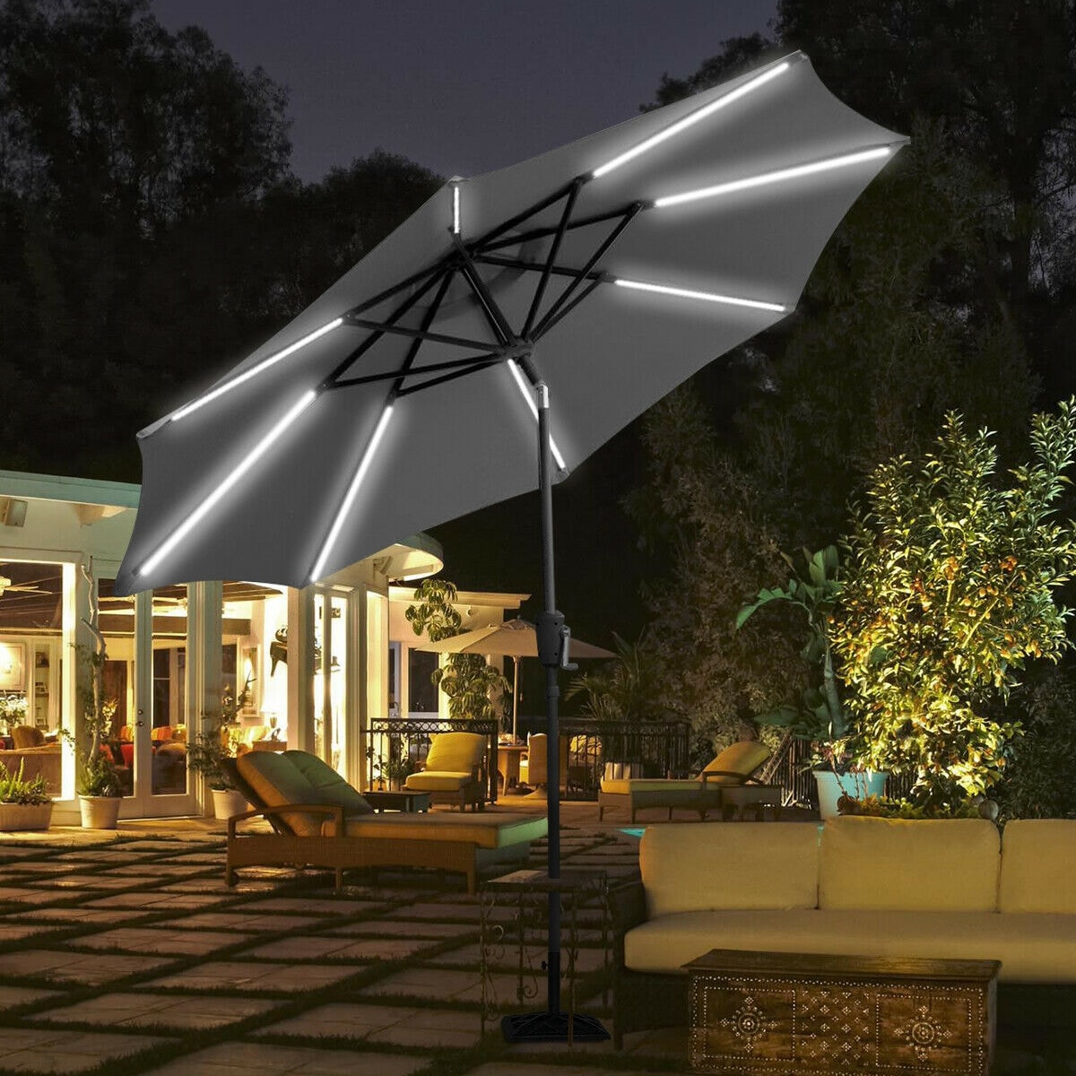 Shop Black Friday Deals On Gymax 9 Ft Patio Waterproof Solar Umbrella Led Light Tilt Gray Overstock 26438153
