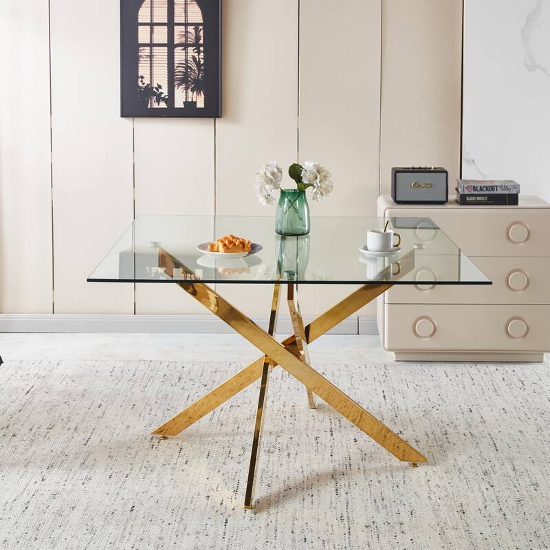 47.24"L Dining Table with Cross Metal Leg and Glass Top - Gold