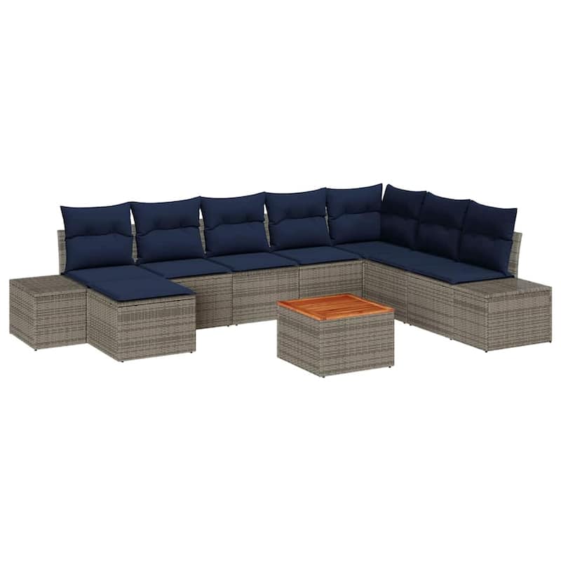 vidaXL 9 Garden Sofa Set with Cushions Black/Grey Poly Rattan - 125.6 x 82.3 x 27.2