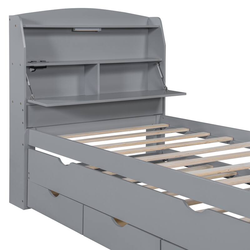 Twin Size Wooden LED Platform Bed with Trundle & Storage Headboard with Drawers, Espresso
