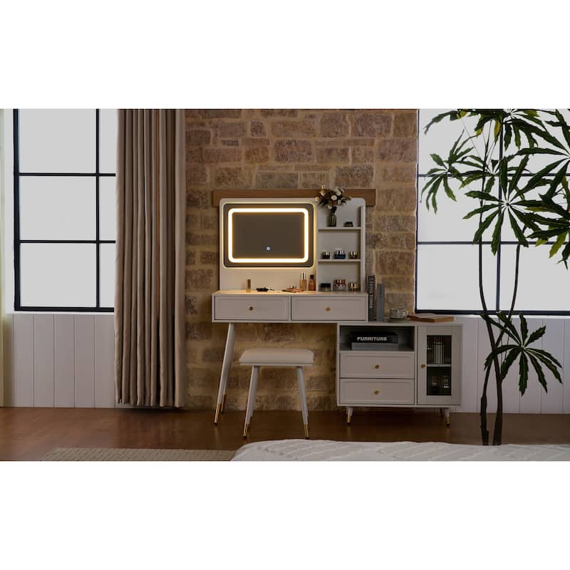 Modern Makeup Vanity Desk with Mirror and Lights, Retractable Dressing Table with Drawers and Cabinet, with Power Outlet
