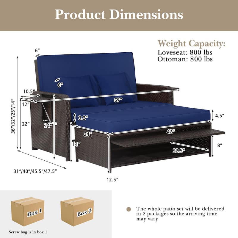 Gymax Rattan Loveseat Set Daybed Lounge Storage Ottoman Side Tables