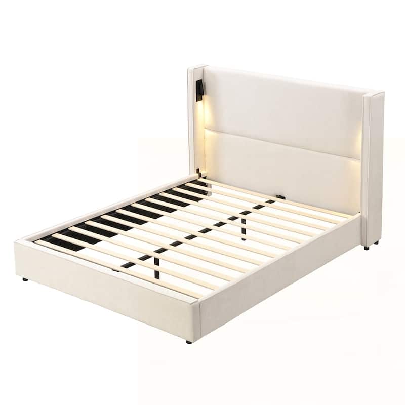 Upholstered Bed Frame with Reading Lamp and USB port